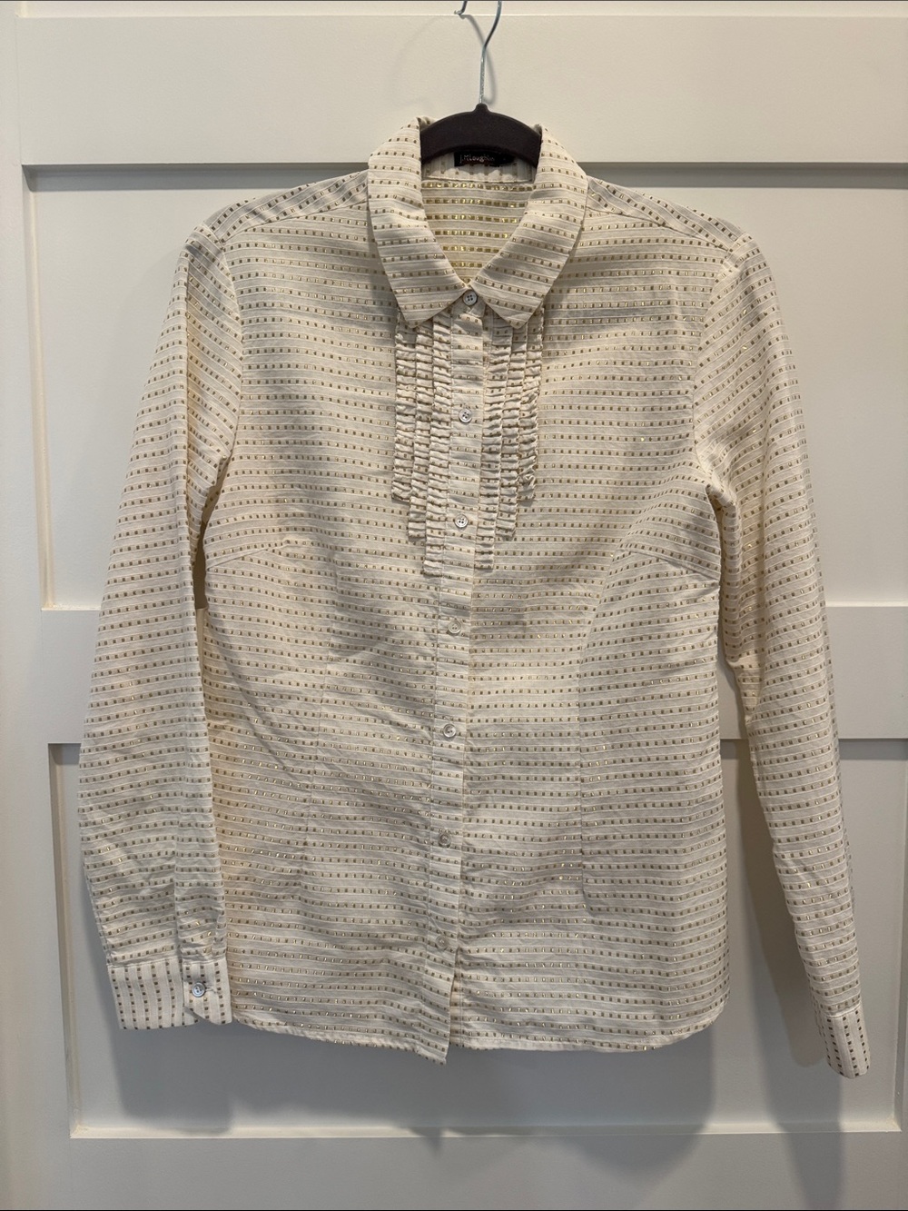 J. McLaughlin Cream Striped Ruffle-Front Dress Shirt